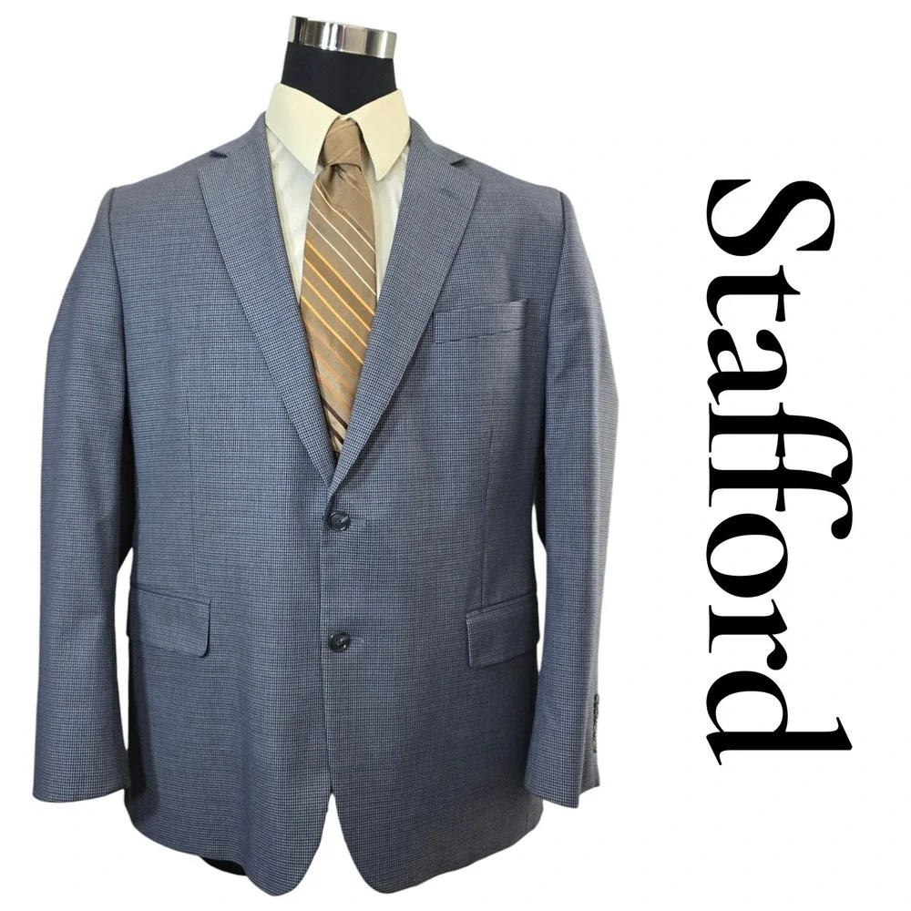 Stafford Mens 44 Reg Classic Fit Year Round Sport Coat Blazer Blue Check